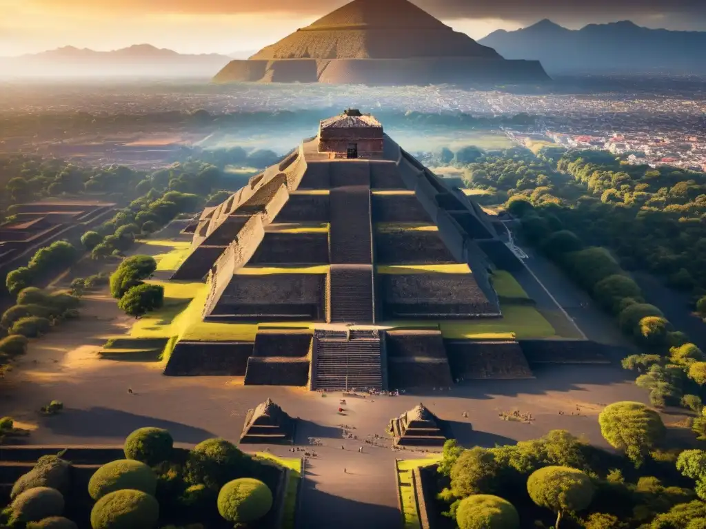 Vista aérea de Teotihuacán al atardecer, la Pirámide del Sol destaca en la luz dorada