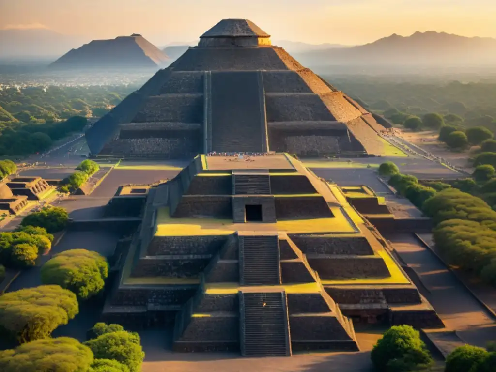 Vista aérea de Teotihuacán con las Pirámides del Sol y la Luna, reflejando la influencia en la demografía maya