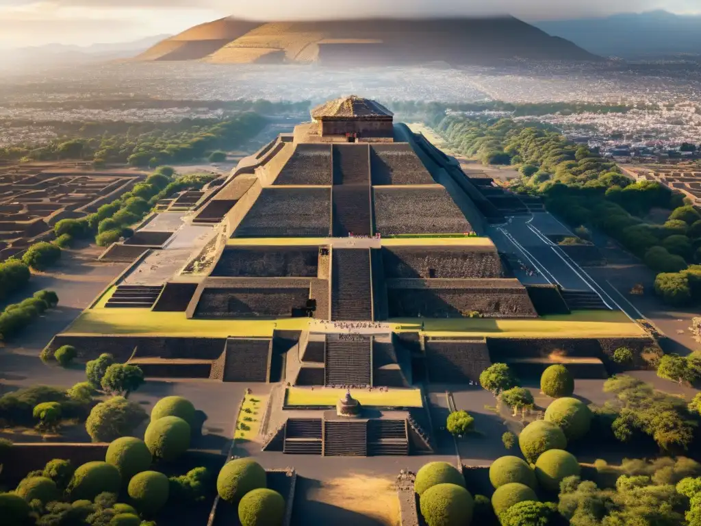 Vista aérea de Teotihuacán con pirámides del Sol y la Luna, resaltando su arquitectura y rituales compartidos entre mayas