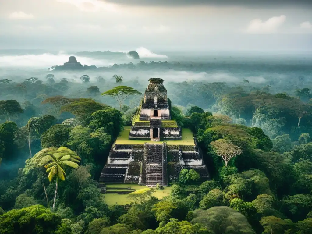 Vista aérea de Tikal en la exuberante jungla guatemalteca, resaltando la conservación legal de sitios mayas