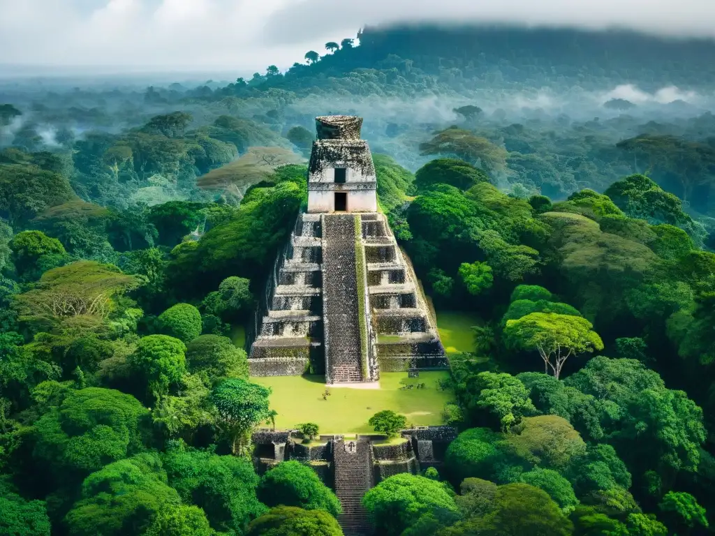 Vista aérea de Tikal, con pirámides mayas rodeadas de selva verde