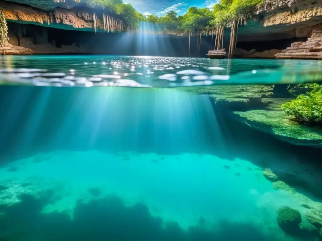 Vista asombrosa de un cenote rodeado de vegetación exuberante, con rayos de sol creando juegos de luz y sombra