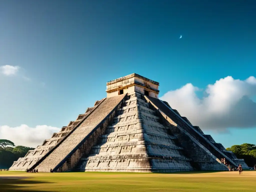 Vista asombrosa de la pirámide El Castillo en Chichén Itzá durante el equinoccio de primavera, destacando la importancia espiritual de las alineaciones astronómicas mayas