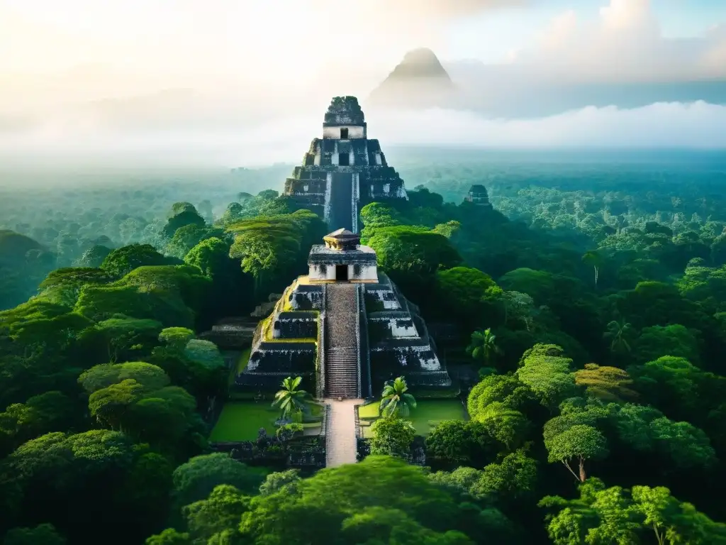 Vista detallada de la antigua ciudad maya de Tikal, con urbanismo sostenible en ciudades mayas