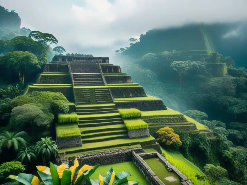 Terrazas agrícolas mayas: arte verde en la selva Vista detallada de un antiguo sistema de terrazas agrícolas mayas en la exuberante montaña, con cultivos y misteriosa neblina