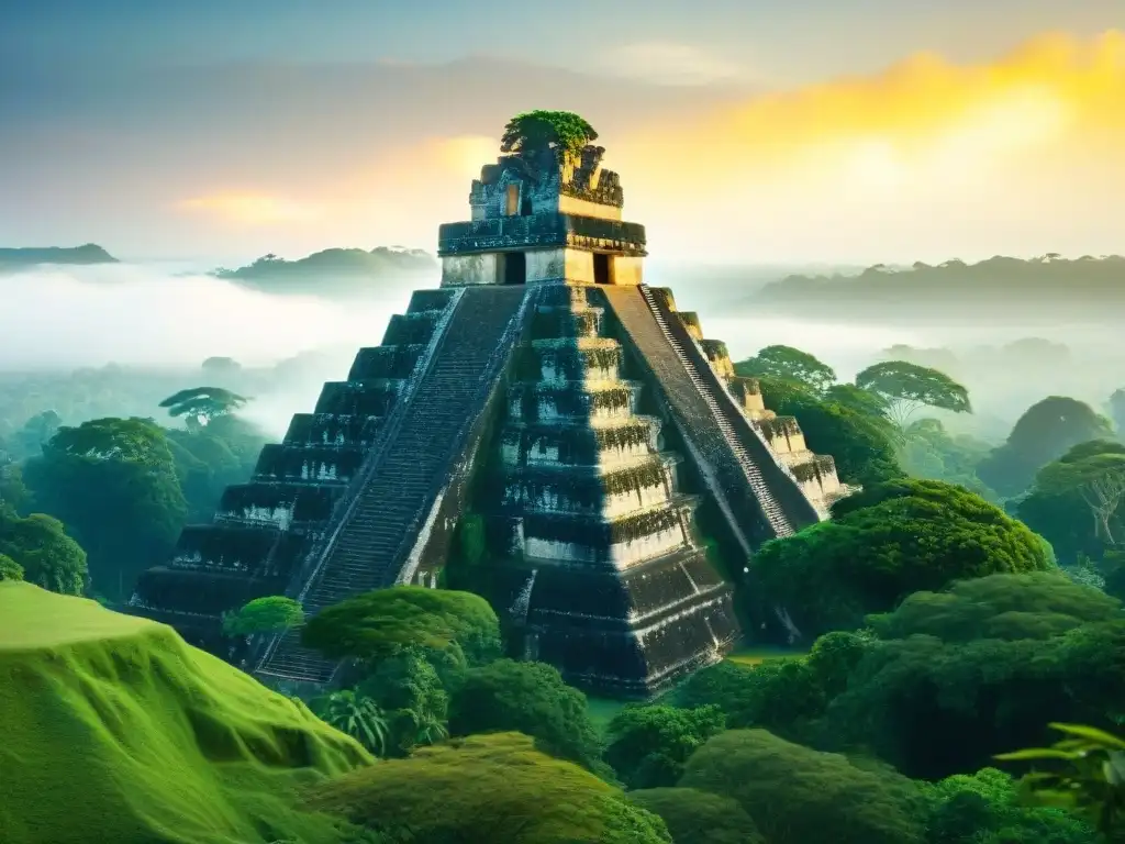 Vista detallada de los antiguos monumentos mayas en Tikal al amanecer, con templos emergiendo de la selva neblinosa