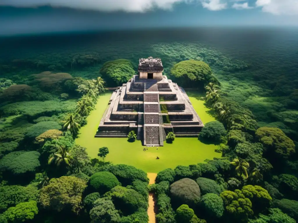 Vista detallada de asentamientos mayas desde satélite, con estructuras de piedra y exuberante vegetación