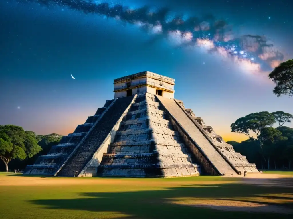 Vista detallada de Chichen Itza al atardecer, resaltando El Caracol