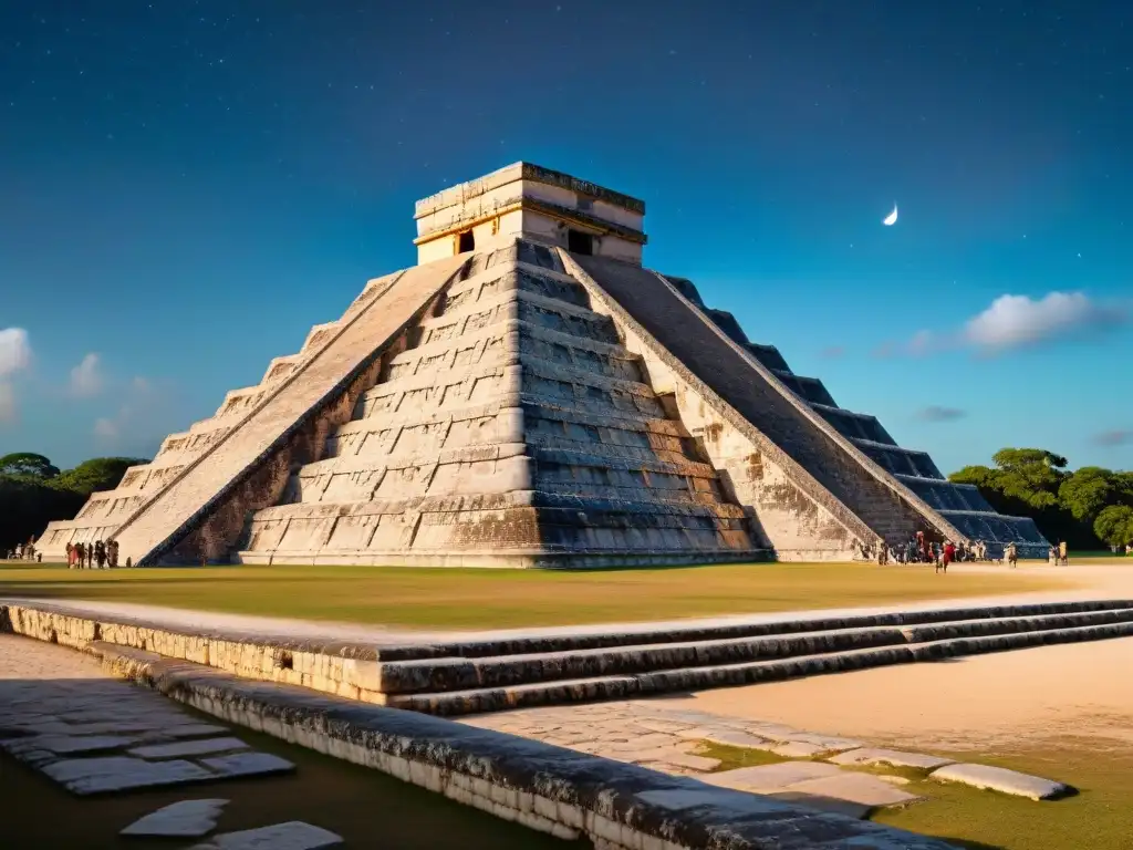 Vista detallada de Chichen Itza al atardecer con la pirámide de El Castillo y un altar para rituales de sacrificio en maya bajo las estrellas