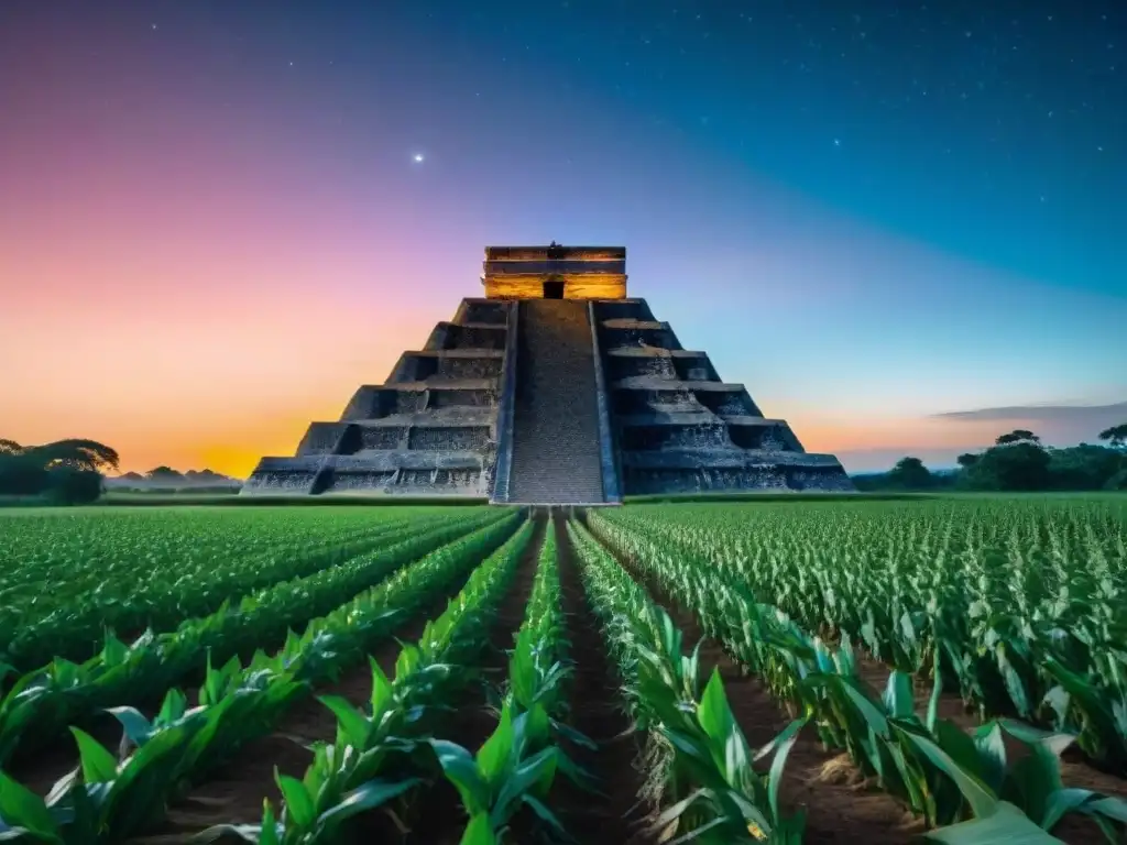 Vista detallada de un campo agrícola maya al atardecer, con maíz y una pirámide al fondo