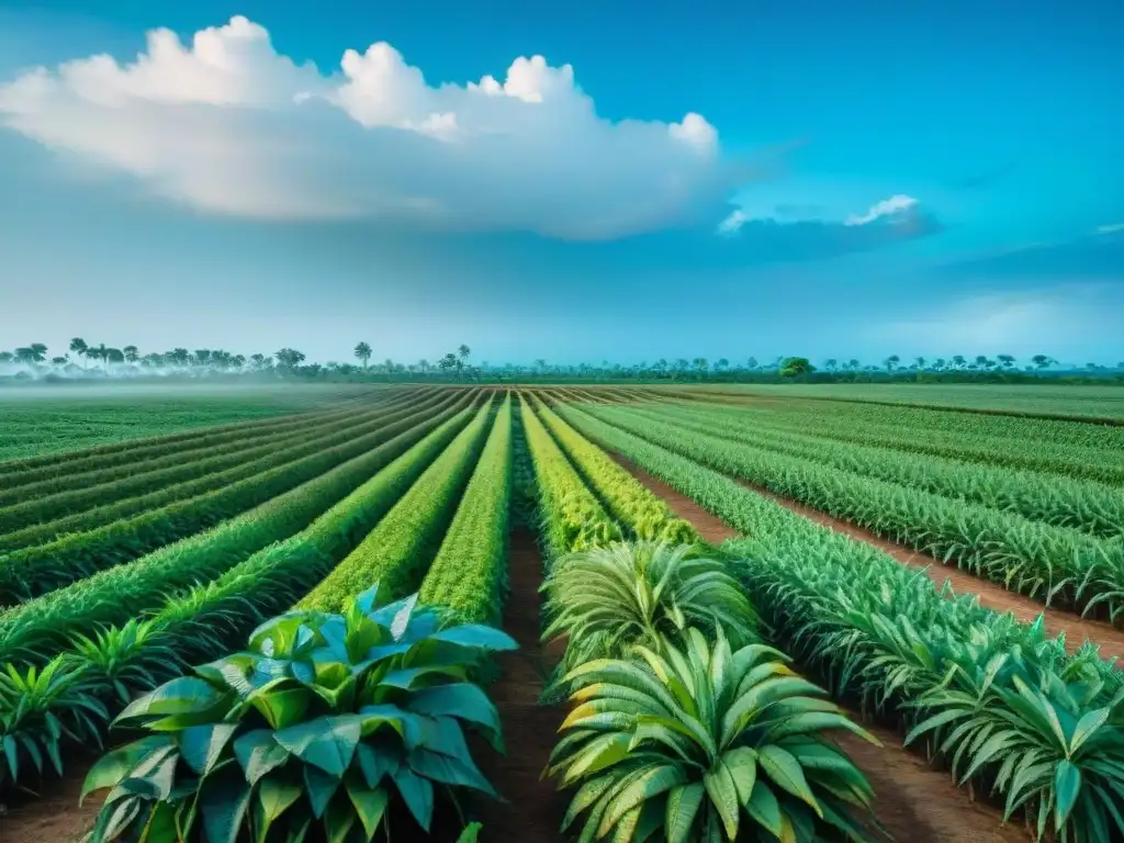 Vista detallada de campo agrícola Maya, con cultivo de yuca y camote, reflejando conexión ancestral con la tierra