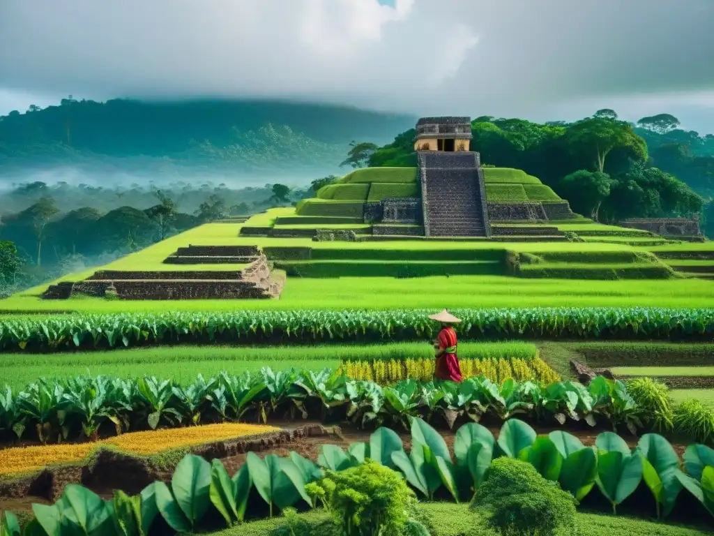 Una vista detallada de un campo agrícola maya lleno de cultivos menores como amaranto, chía y cacao, con terrazas y agricultores bajo el sol yucateco