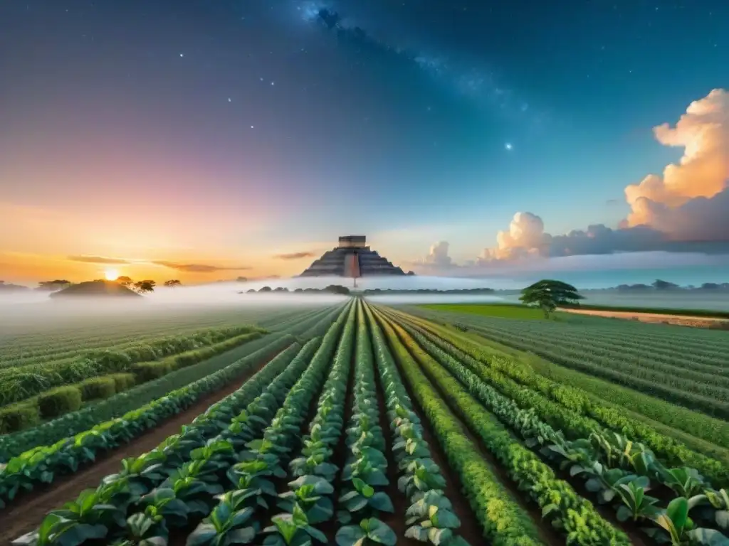 Una vista detallada de un campo agrícola maya alineado con astros, destacando la armonía entre agricultura y astronomía en la cultura maya