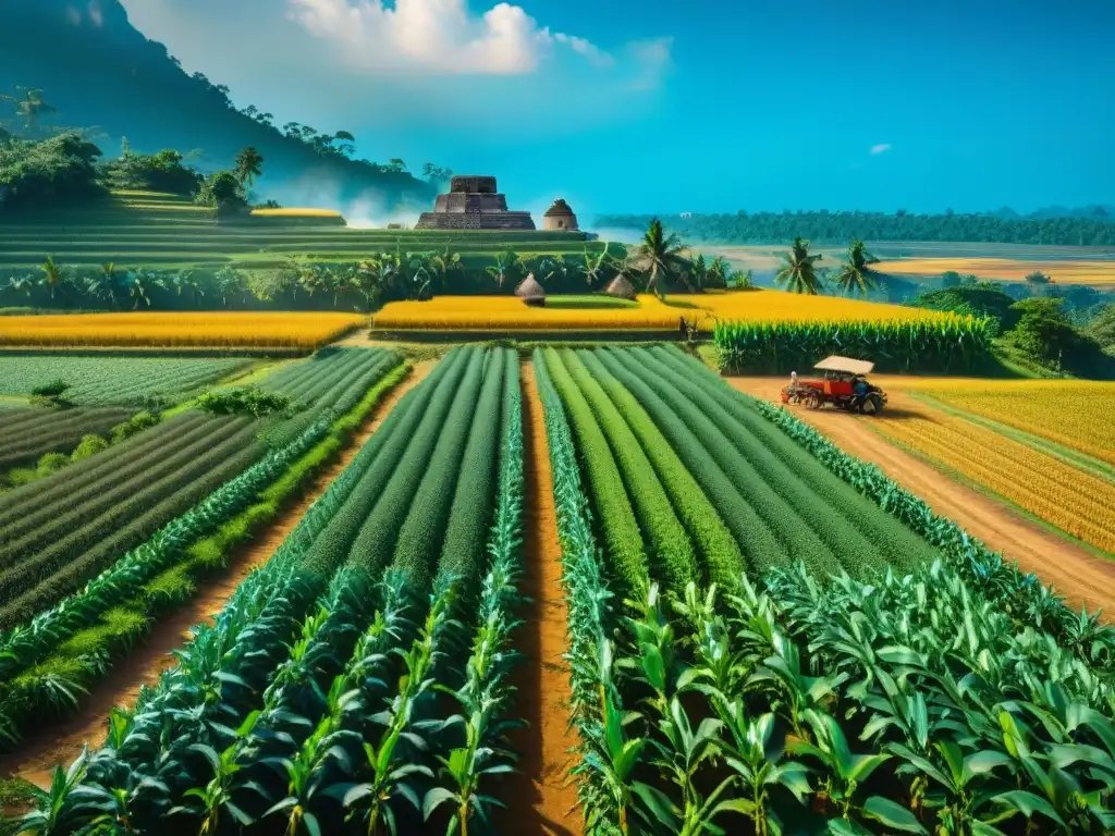 Vista detallada de campos de maíz en comunidad Maya, con terrazas y agricultores tradicionales