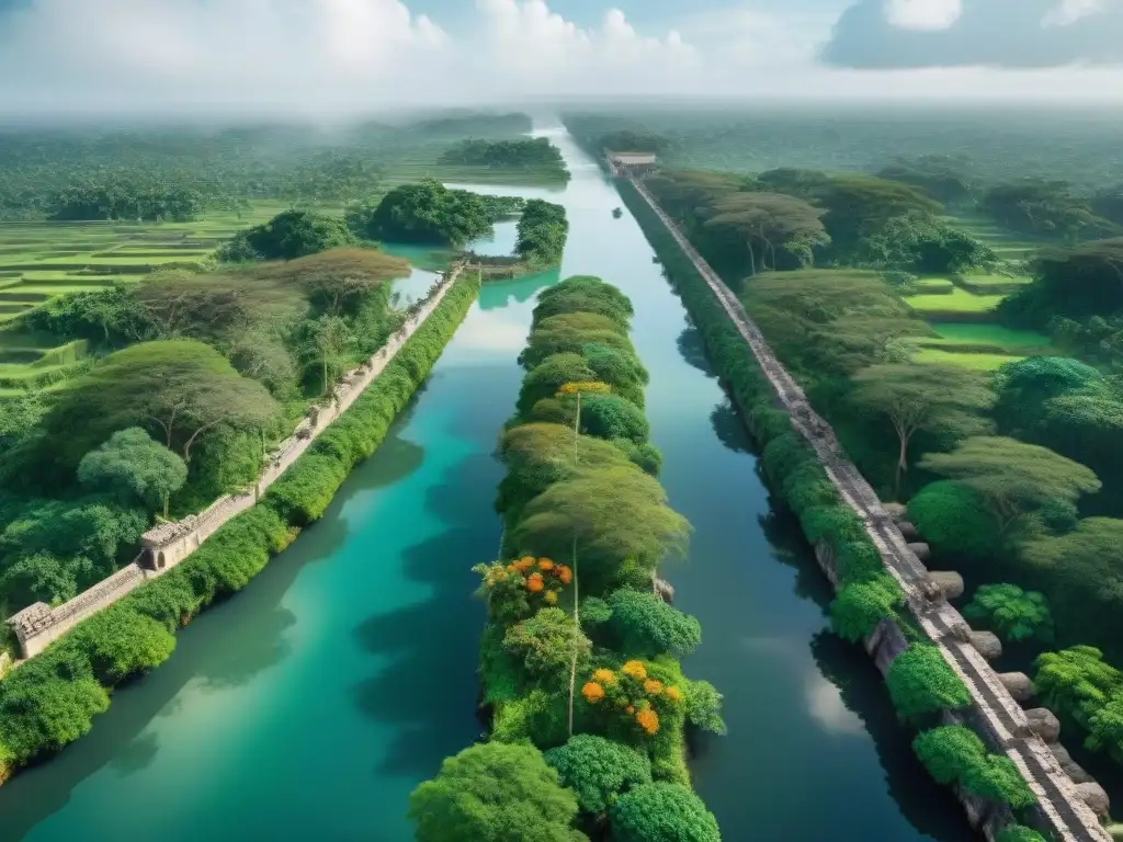 Una vista detallada de los canales de una ciudad maya, destacando su avanzada gestión del agua y armonía con la naturaleza