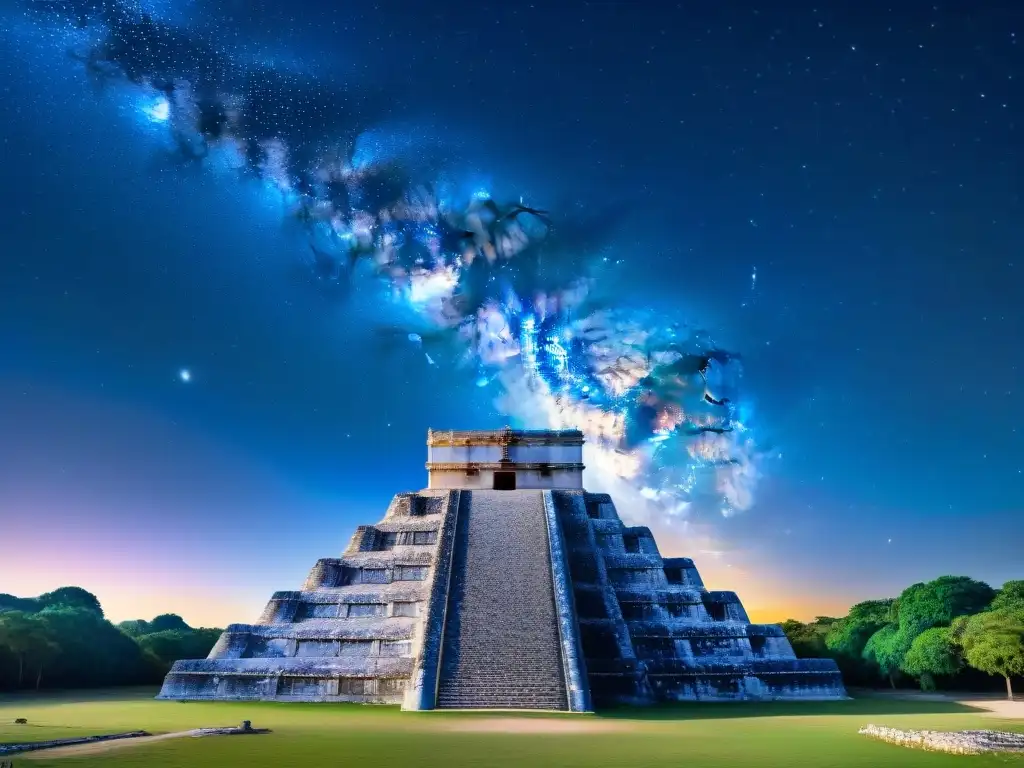 Vista detallada del cielo nocturno sobre el observatorio maya en Chichén Itzá, mostrando la alineación de estrellas y constelaciones