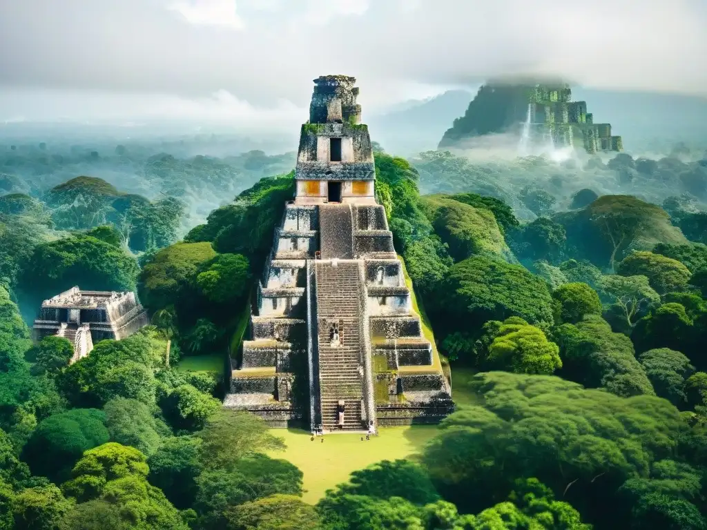 Vista detallada de Tikal, ciudad maya, con templos de piedra rodeados de selva verde y aves tropicales