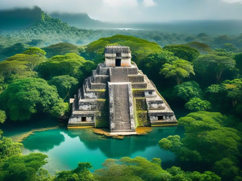 Vista detallada de un complejo maya con cenote sagrado y simbolismo de agua religión maya