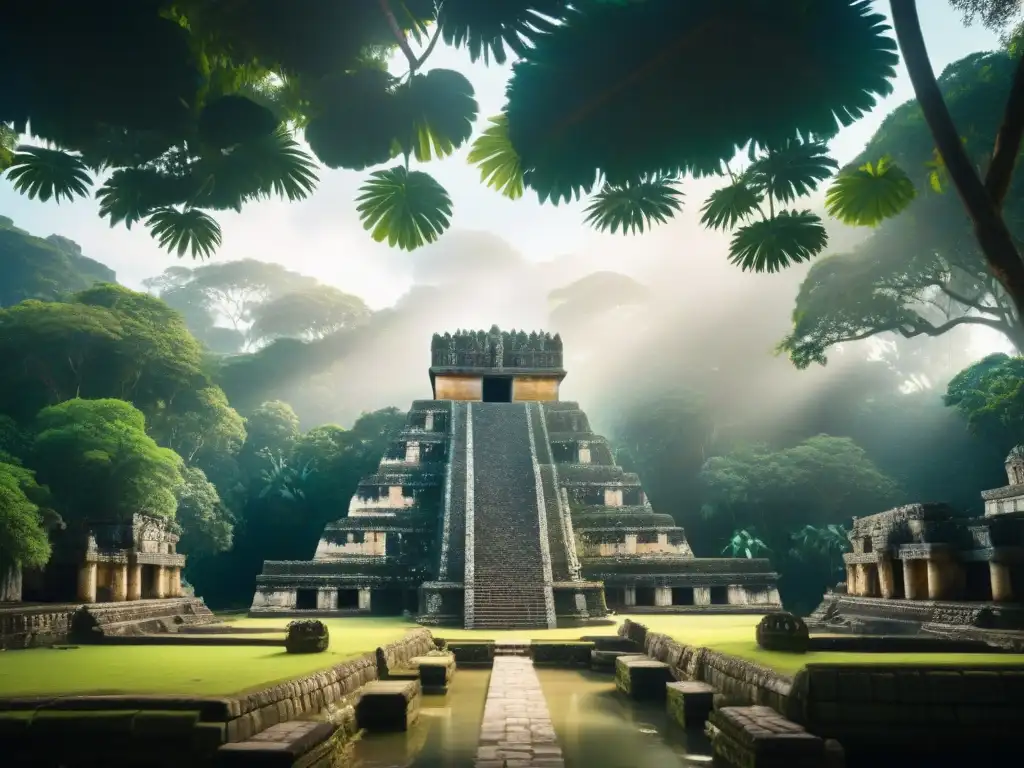 Templo acuático maya: ingeniería ancestral Una vista detallada de un complejo de templos acuáticos mayas restaurados, resaltando la importancia de los sistemas de agua en la arquitectura maya