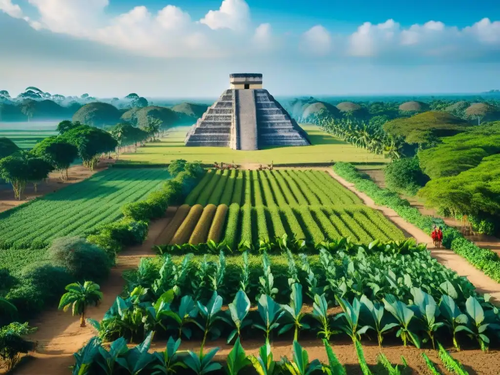 Vista detallada de un exuberante campo de cultivo Maya con maíz, frijoles y calabaza, mostrando la dieta de los Mayas agricultura