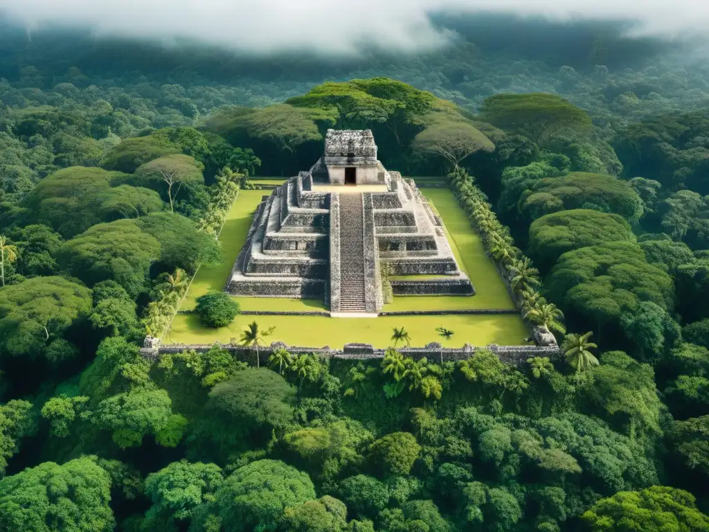 Vista detallada de los impresionantes fosos defensivos de la ciudad de Becán en la selva maya