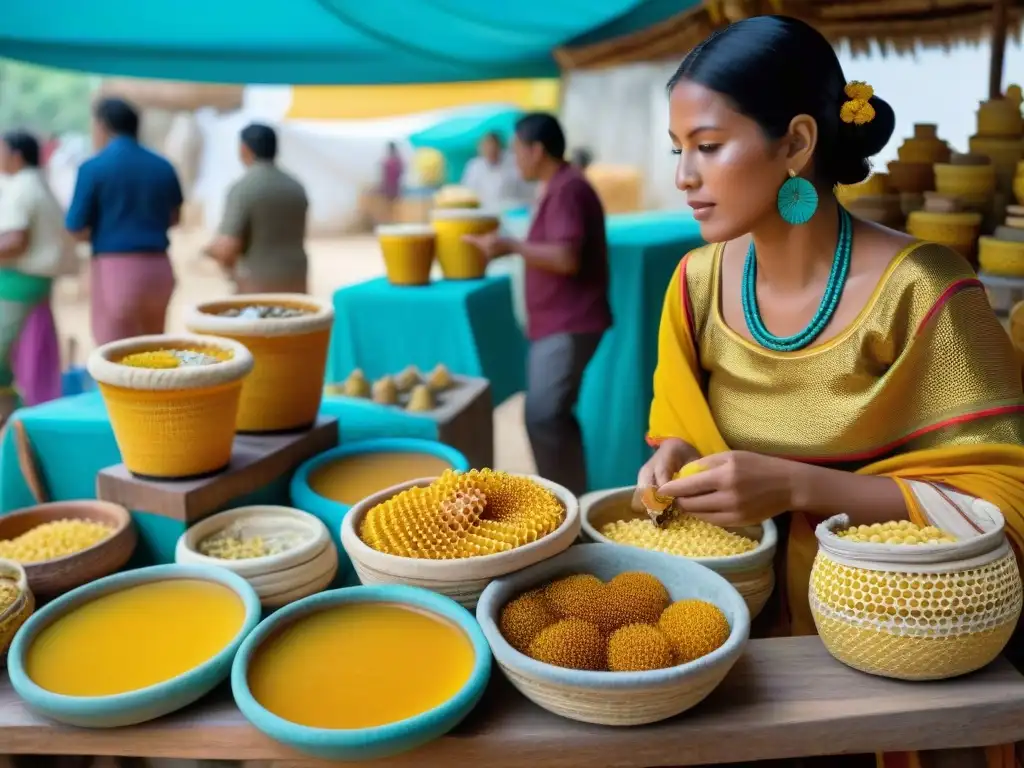 Vista detallada de mercado maya con productos de miel y cera de abejas