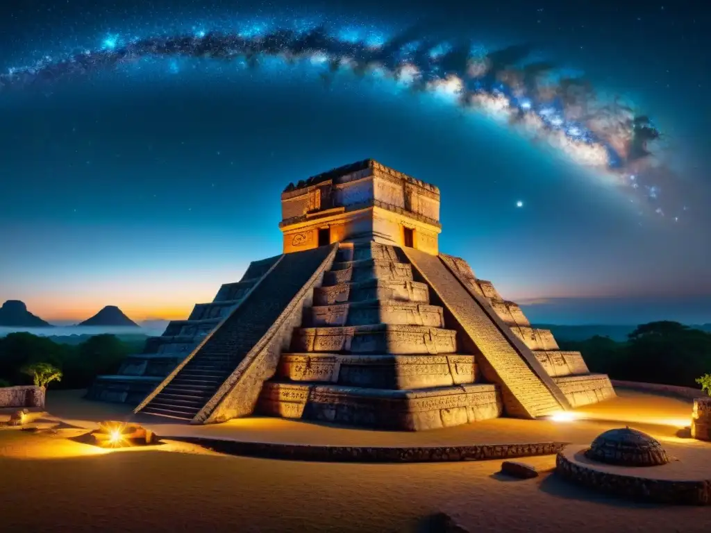 Vista detallada de un observatorio astronómico maya, resaltando símbolos matemáticos y celestes bajo un cielo estrellado