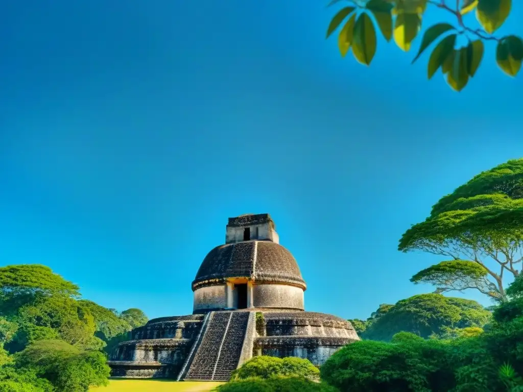 Vista detallada del observatorio astronómico en Caracol, Belice, entre exuberante vegetación y cielo azul