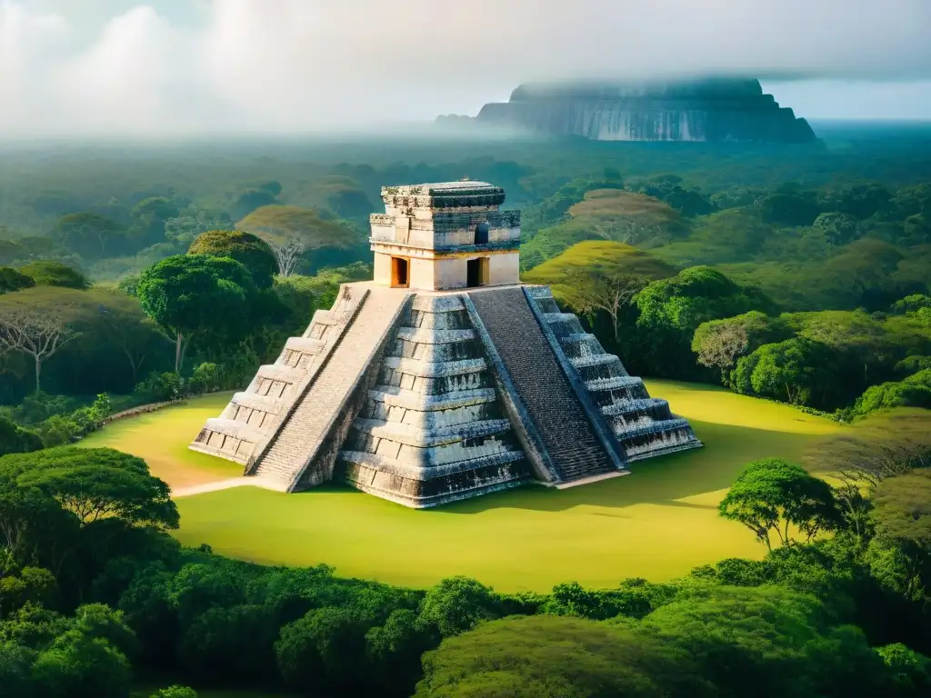 Vista detallada del observatorio maya en Chichen Itza, con torre cilíndrica y máscaras de piedra