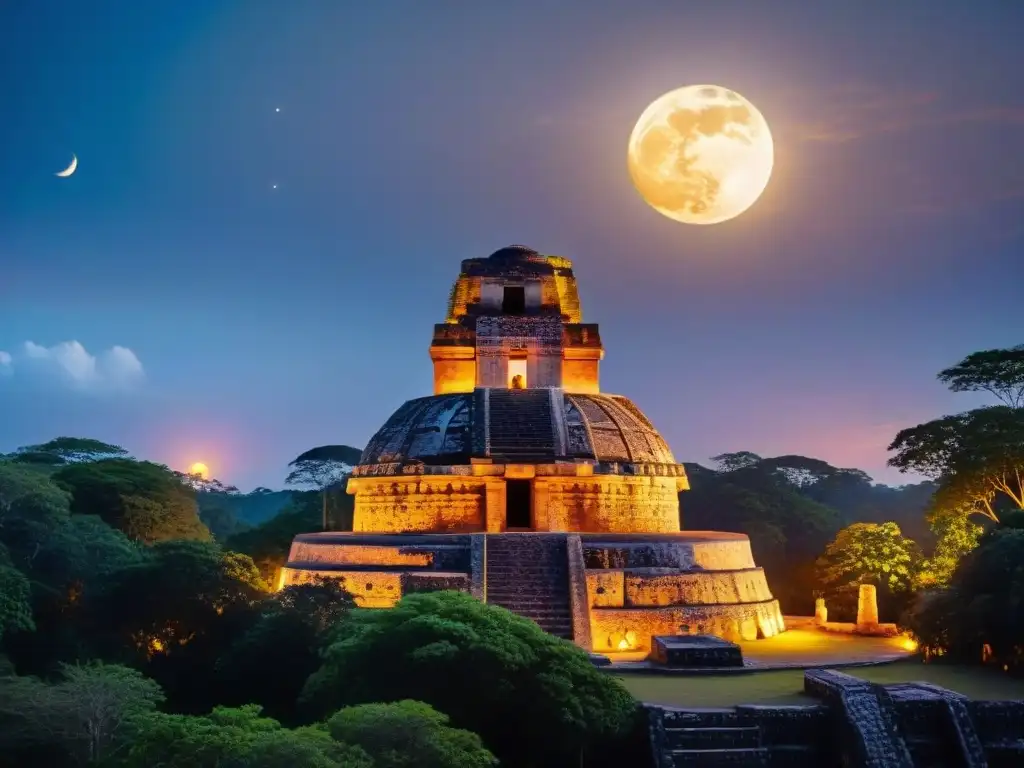Observatorio Maya: Conexión cósmica en la selva Vista detallada de un observatorio maya al anochecer rodeado de selva, con tallados celestiales y una predicción de eclipse en curso