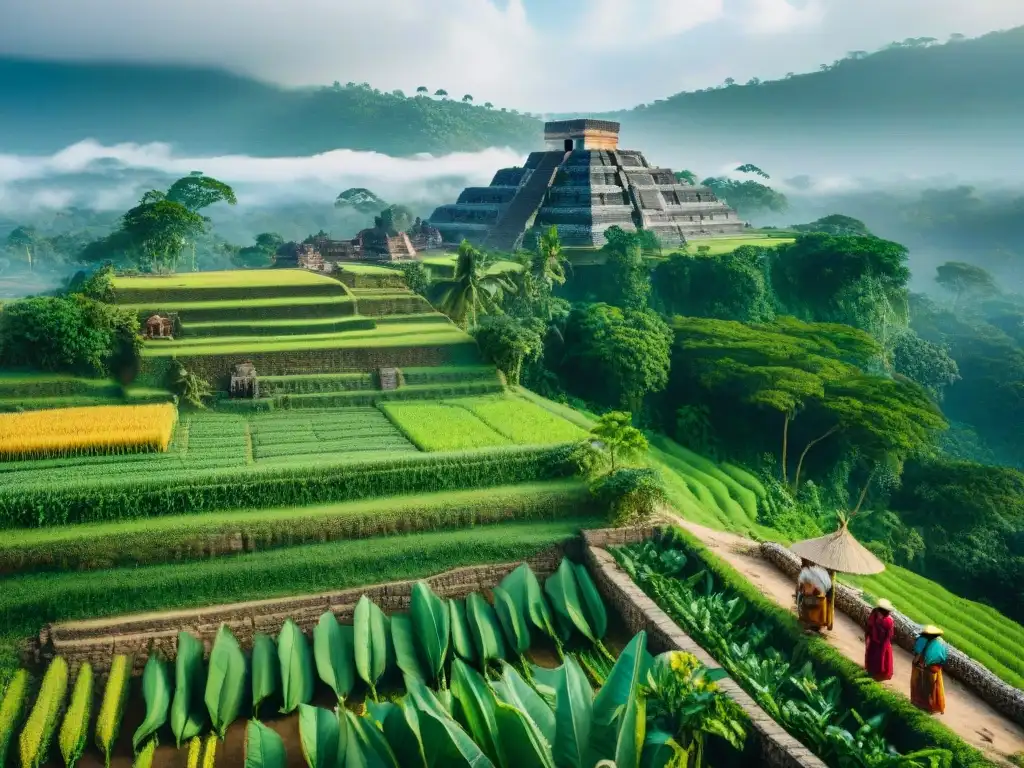 Vista detallada de paisaje agrícola maya con cultivos vibrantes y templos majestuosos en jungla