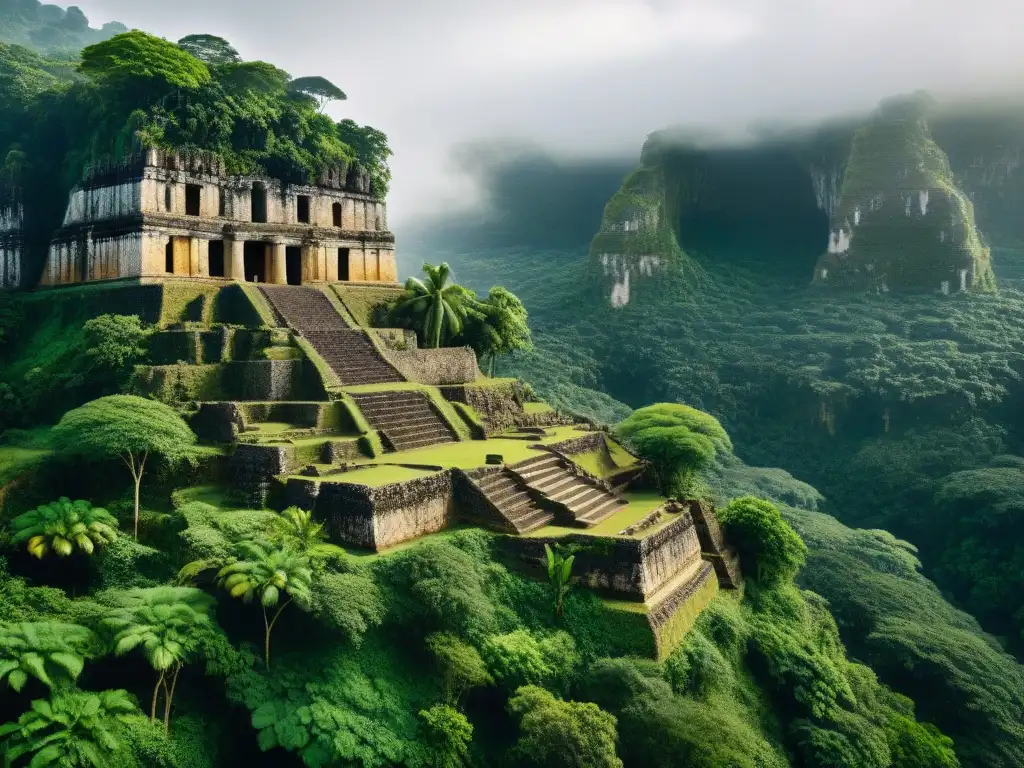 Vista detallada de las ruinas antiguas de Aguateca enclavadas en un acantilado de piedra caliza, rodeadas de exuberante vegetación