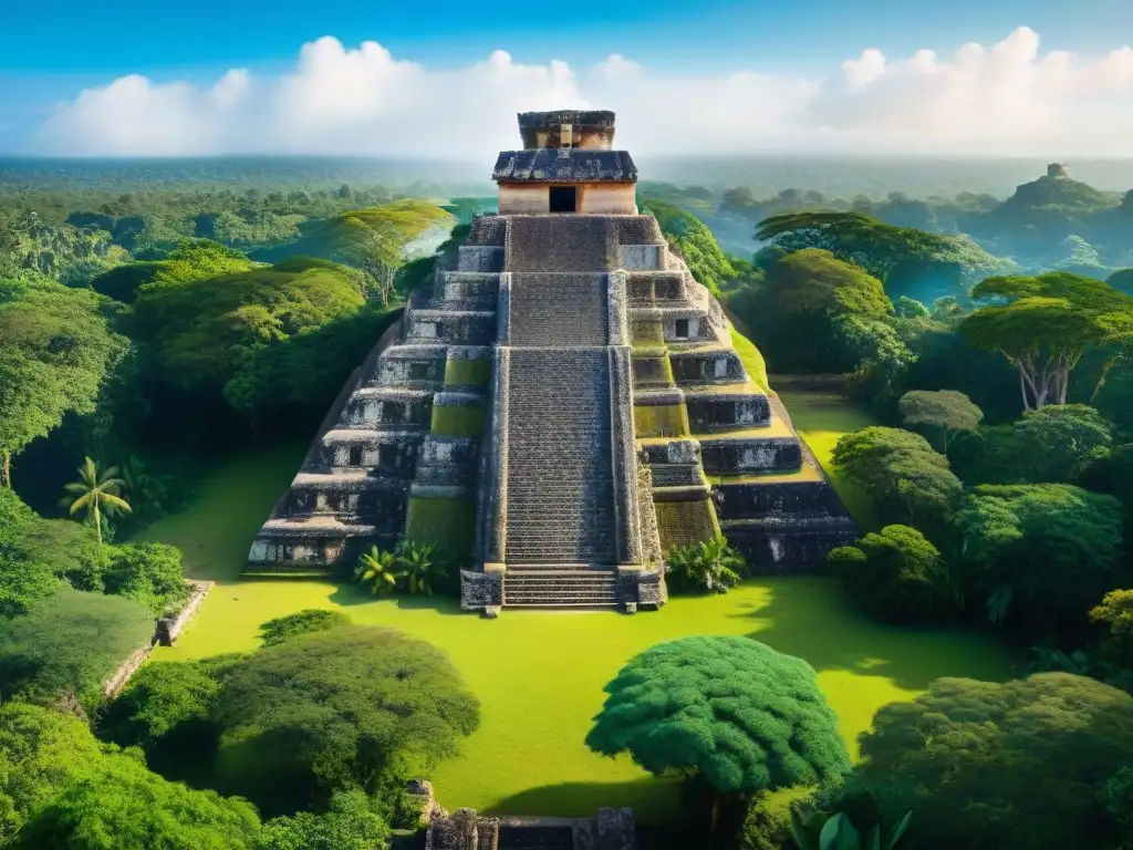 'Vista detallada de selva exuberante y templo maya, destacando conservación flora fauna zonas arqueológicas