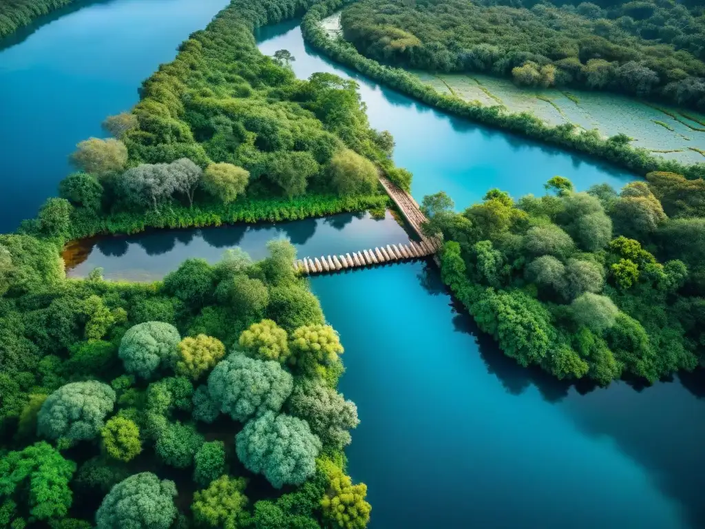 Vista detallada de un sistema de conservación del agua en la cultura maya, con canales de piedra y agricultores en armonía