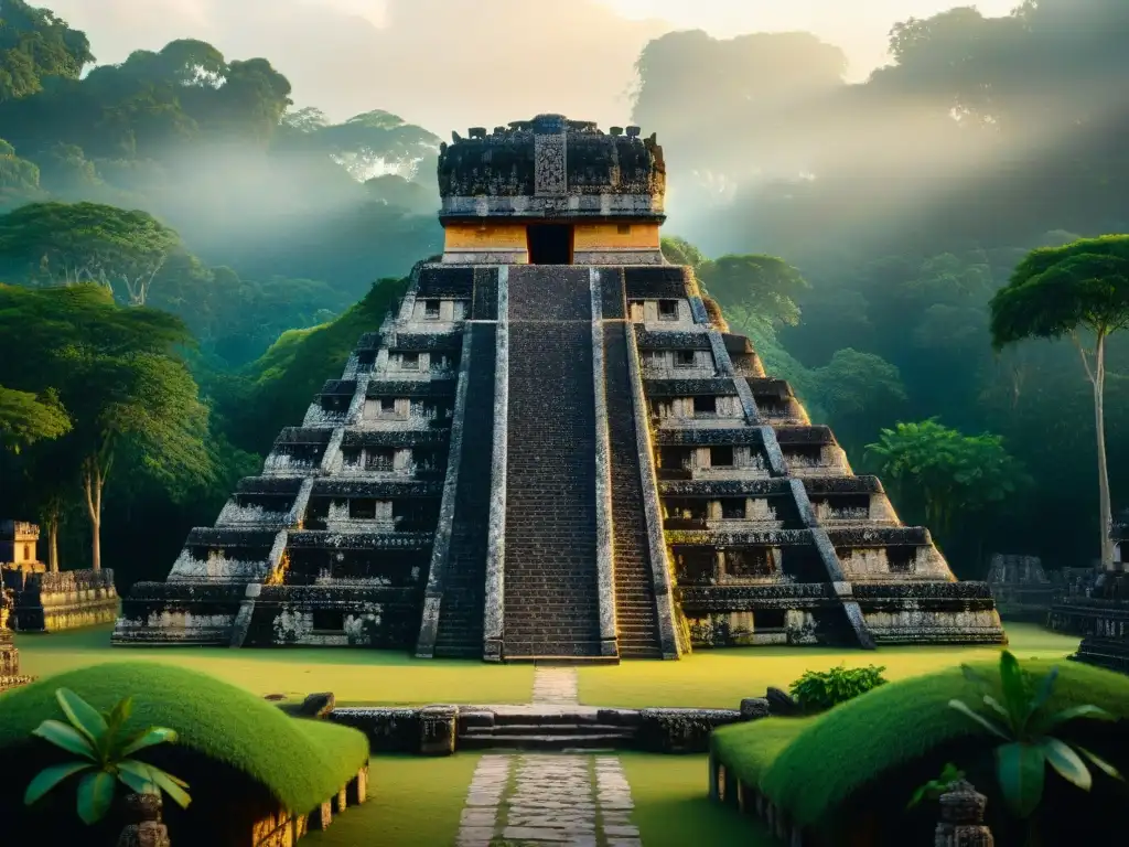 Una vista detallada de un templo maya en la selva, con tallados de deidades y rituales