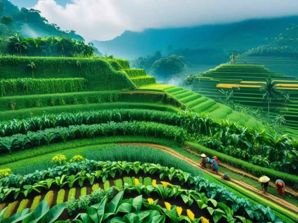 Vista detallada de terrazas de cultivo en la civilización maya, con agricultores y productos agrícolas de la civilización maya