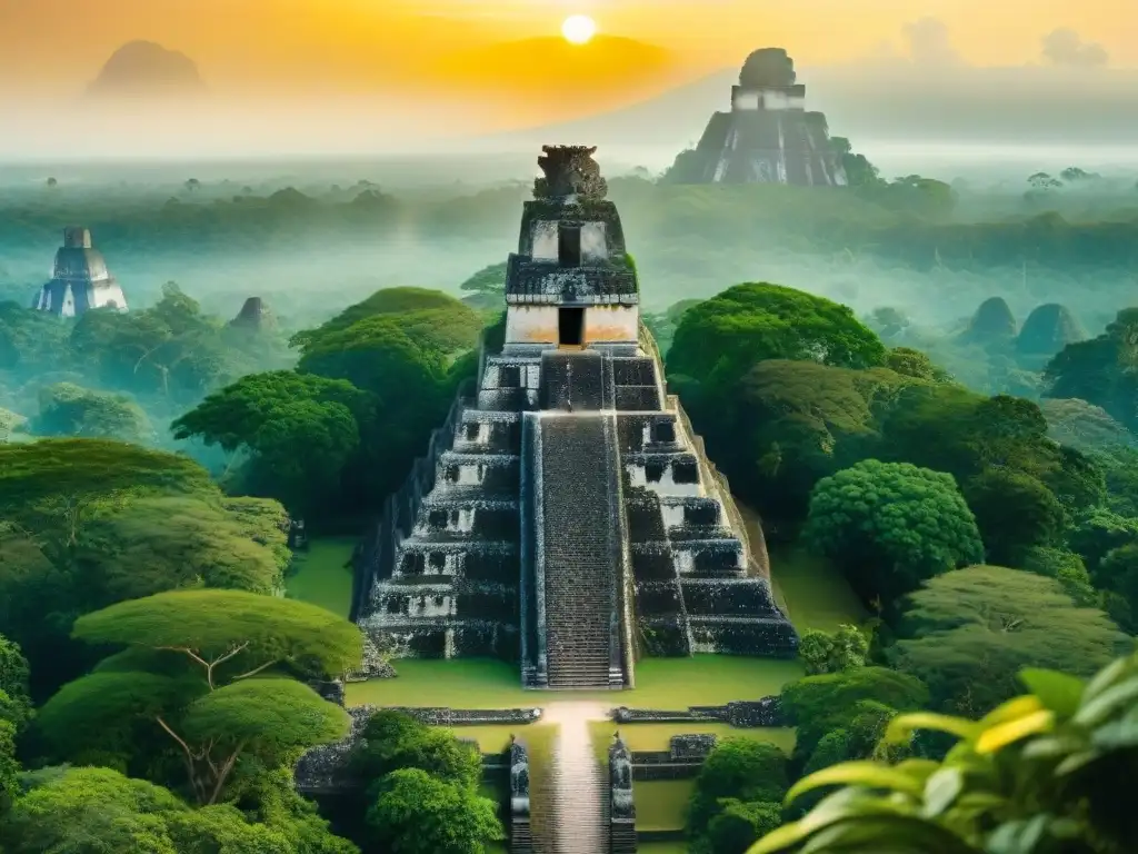 Vista detallada de Tikal con pirámides y diseño sostenible en ciudades mayas