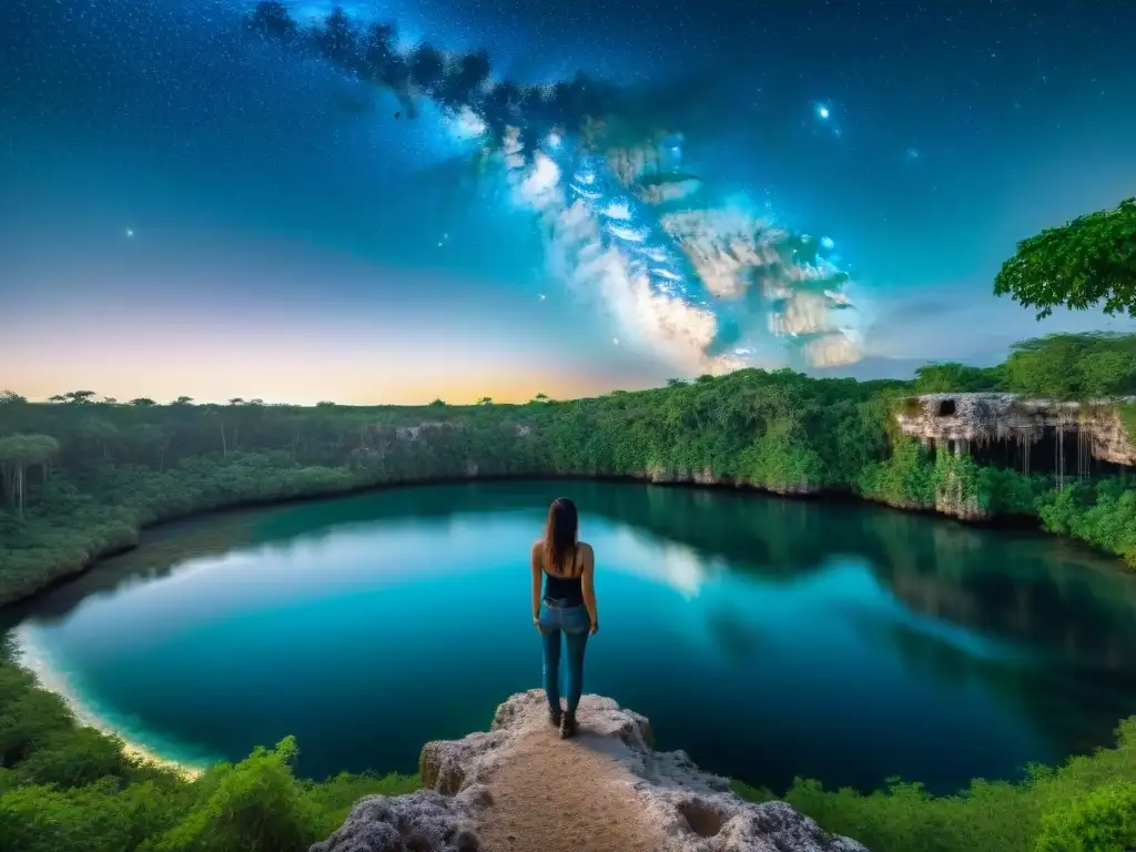 Vista nocturna de un cenote místico bajo un cielo estrellado, reflejando una conexión maya entre cielos y aguas