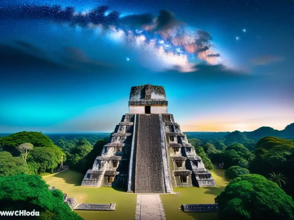 Vista nocturna de las ruinas mayas de Tikal con la constelación de Hunahpu y Xbalanque, dioses y héroes mayas en el firmamento