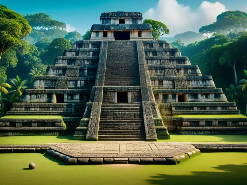 Vista panorámica detallada de un antiguo campo de pelota maya rodeado de selva, destacando las inscripciones y aros de piedra