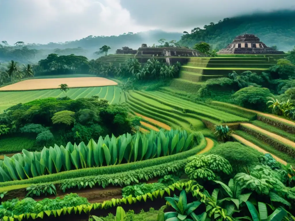 Una vista panorámica detallada en 8k de un exuberante campo agrícola maya con terrazas de cultivo llenas de maíz, frijoles y calabazas