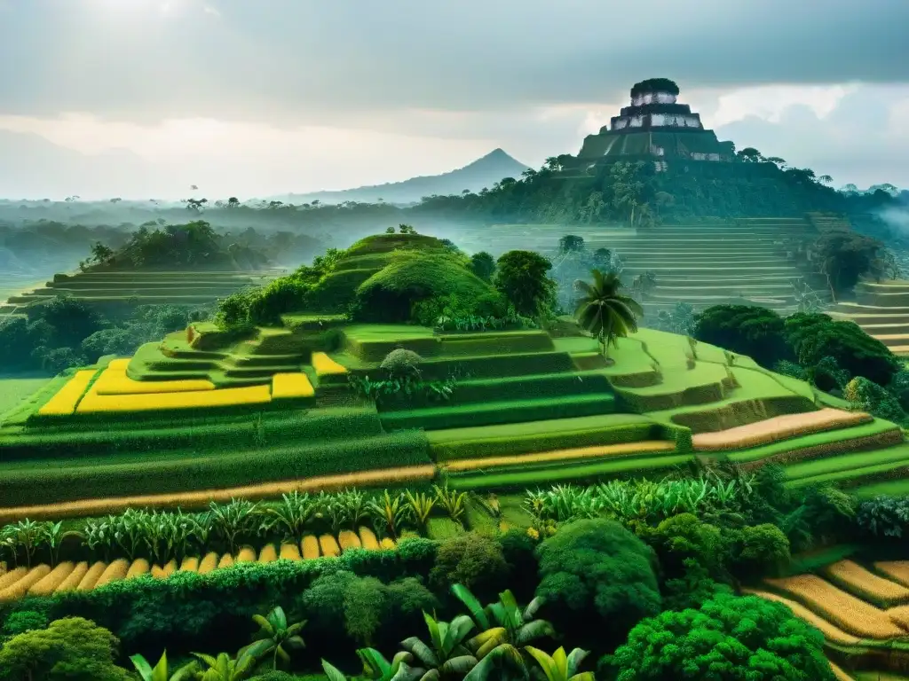 Una vista panorámica de un exuberante paisaje agrícola maya con técnicas agrícolas avanzadas