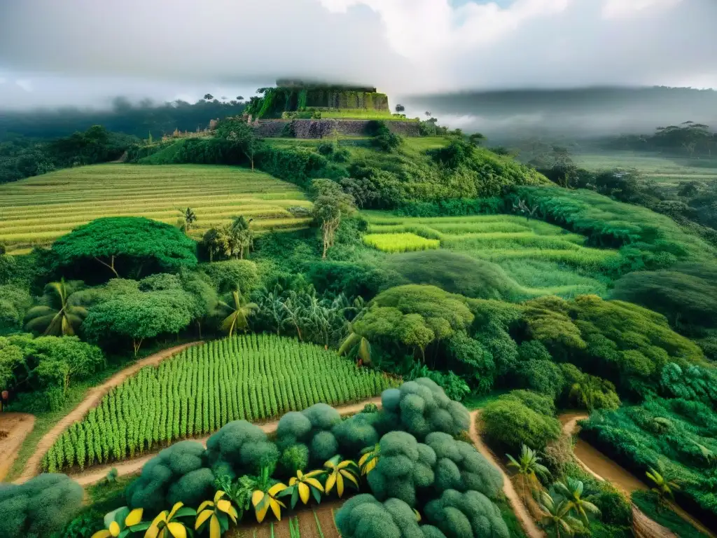 Una vista panorámica de un exuberante sistema agroforestal maya, fusionando permacultura y tradición