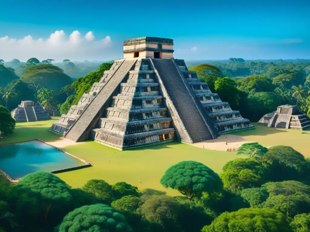 Vista panorámica de un sitio arqueológico maya con un gran juego de pelota en primer plano