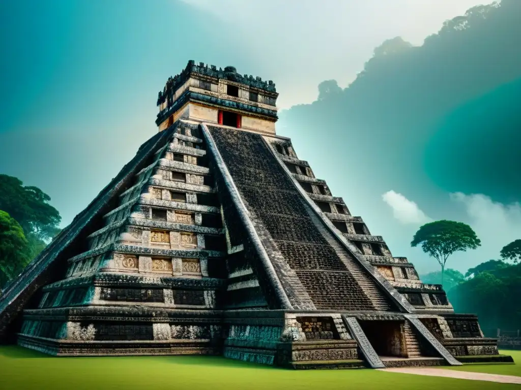 Comparación visual de templo maya tradicional y obra contemporánea inspirada en diseño maya