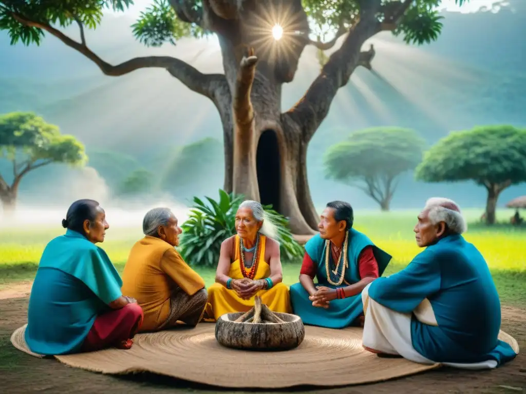 Mayas sabios revitalizan lengua ancestral bajo ceiba Vitalidad de las lenguas mayas: Sabios mayas reunidos bajo un ceiba ancestral, en ceremonia de revitalización lingüística