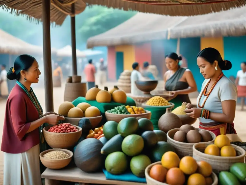 Vívida escena del comercio en la jerarquía maya, con textiles coloridos, alfarería y frutas exóticas en un concurrido mercado