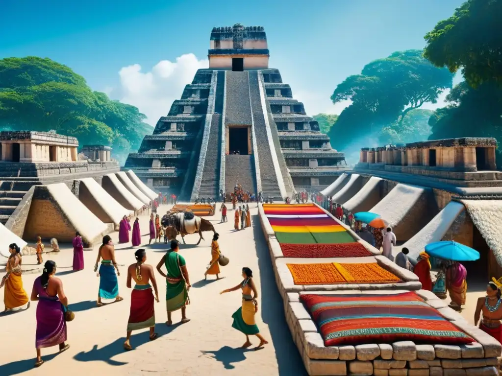 Vívida escena de mercado maya con coloridos textiles y productos, reflejando la importancia de los mercaderes mayas