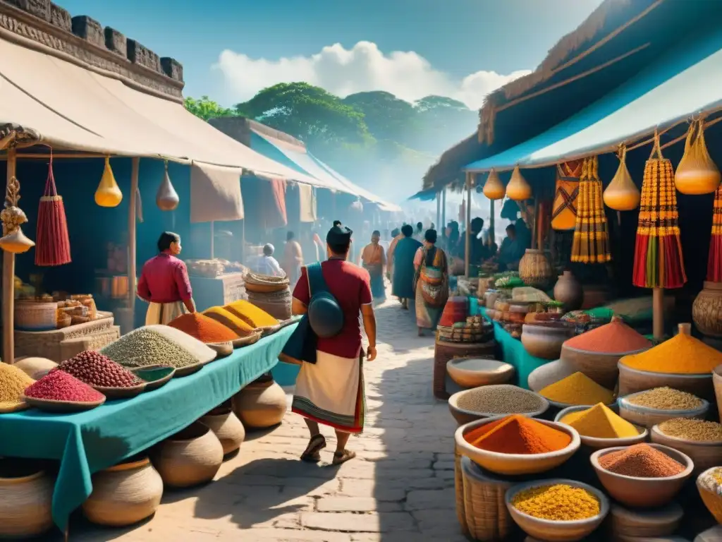 Vívida escena en un mercado maya con intercambio de bienes y rutas comerciales precolombinas en Maya