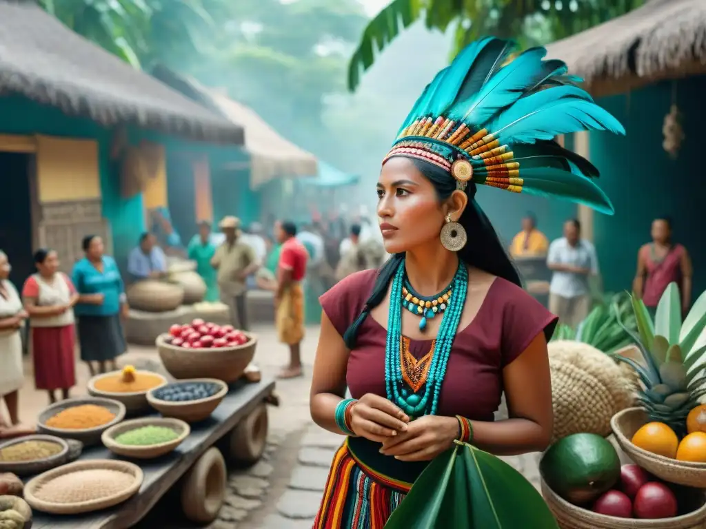 Vívida escena de mercado maya con artesanos intercambiando bienes